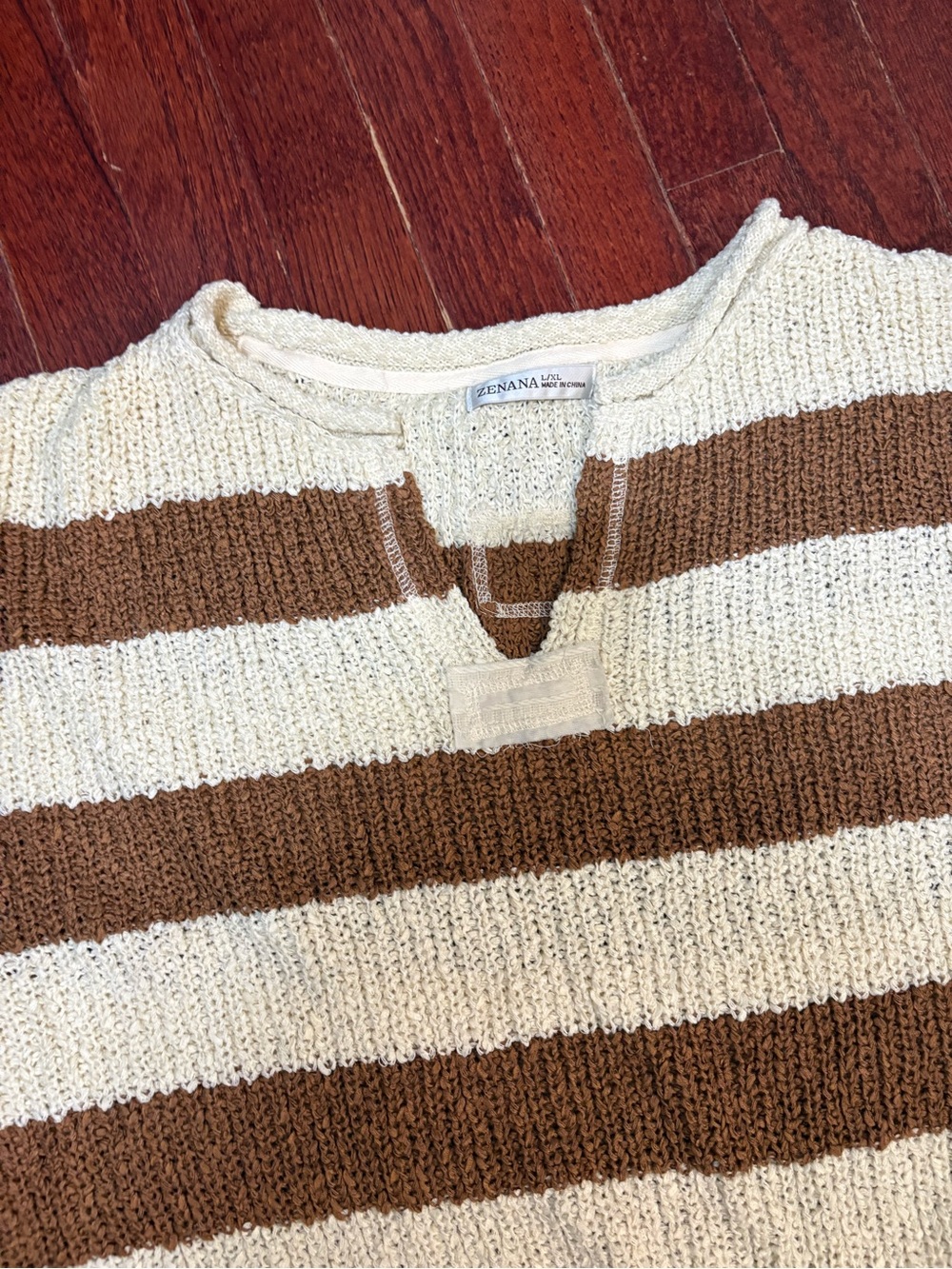 Zenana Outfitters Cream and Brown Striped V-Neck Knit Top - Picture 4 of 8